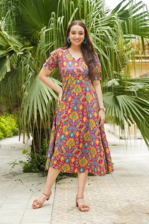 Soft Cotton Ikat Anarkali Multicolor Dress