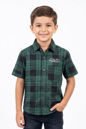 Boys Green & Black Checked Full-Sleeve Shirt with Chest Print