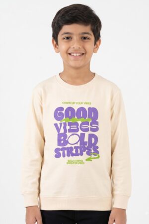 Boys Cream Full Sleeve Sweatshirt with Purple & Green “Good Vibes” Graphic