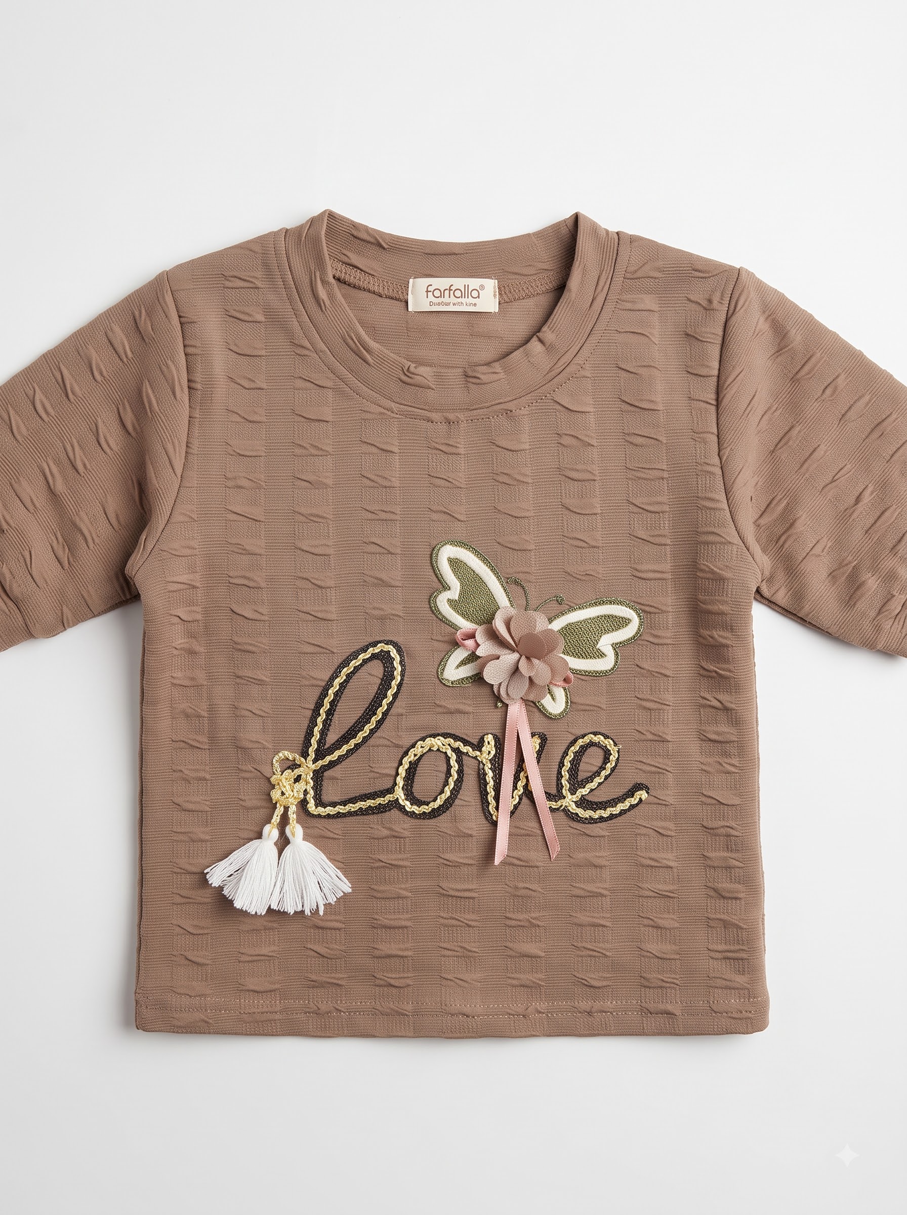 Girls White Short Sleeve Top with Floral Butterfly and “Love” Appliqué - Image 2