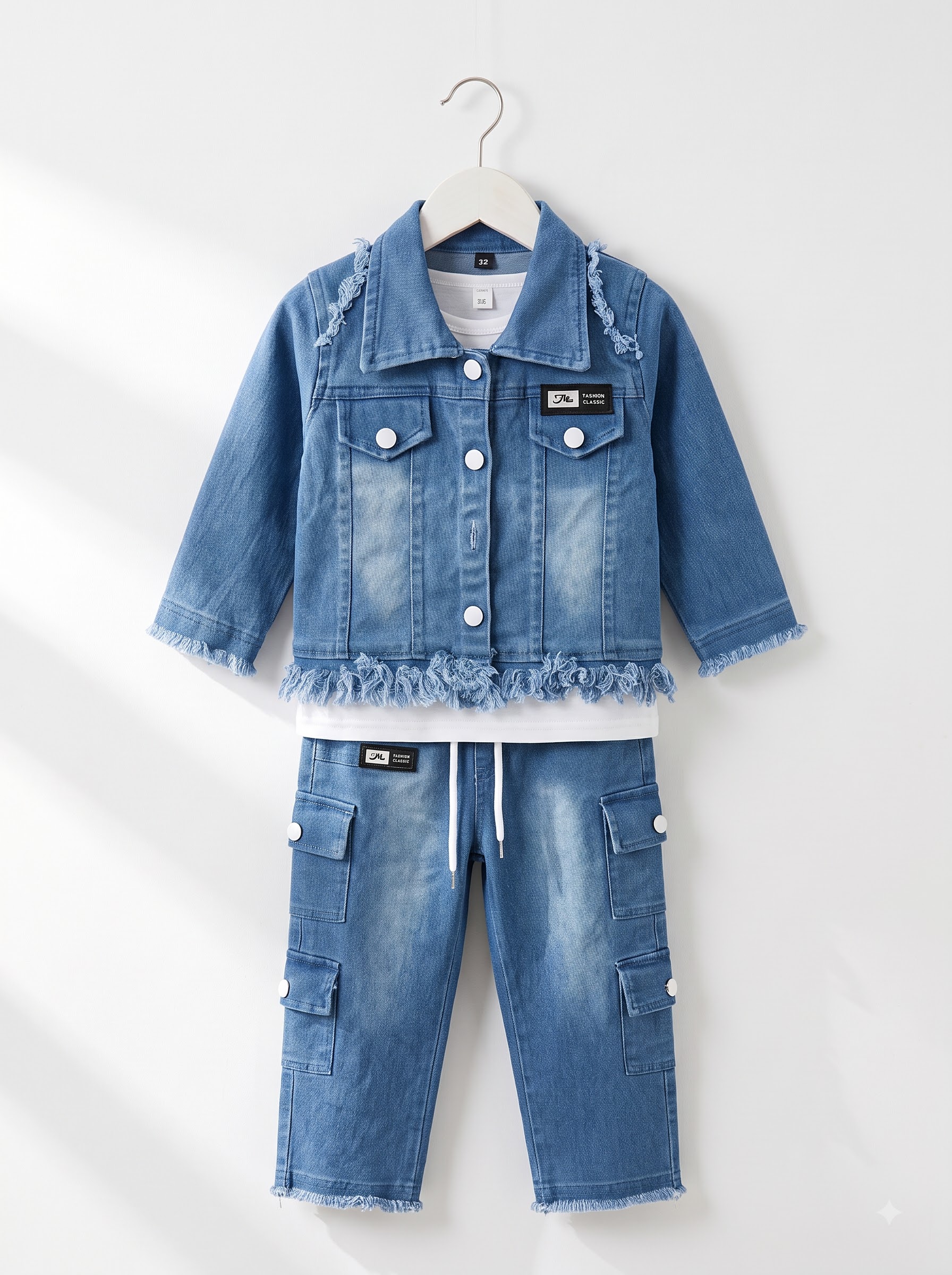 Girls Light Blue Denim Jacket & Cargo Pants Set with White Ribbed Top - Image 2
