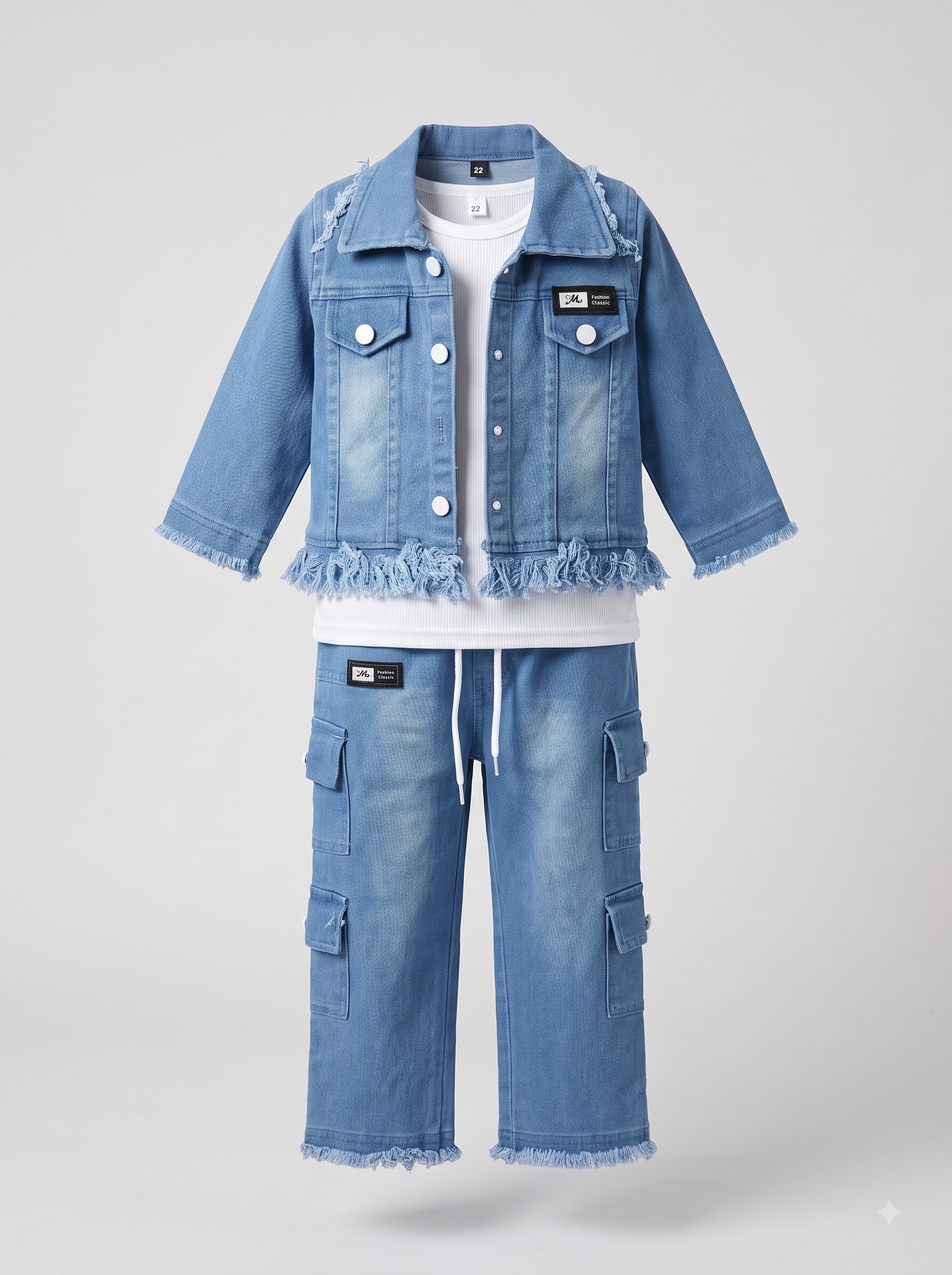 Girls Light Blue Denim Jacket & Cargo Pants Set with White Ribbed Top - Image 3