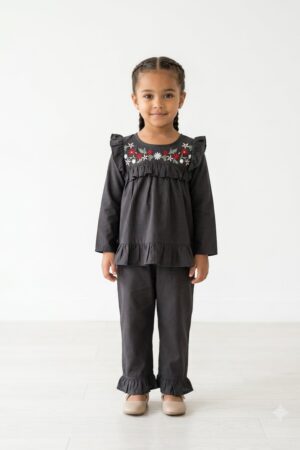 Girls' Black Embroidered Ruffle Top & Flared Hem Pants Set