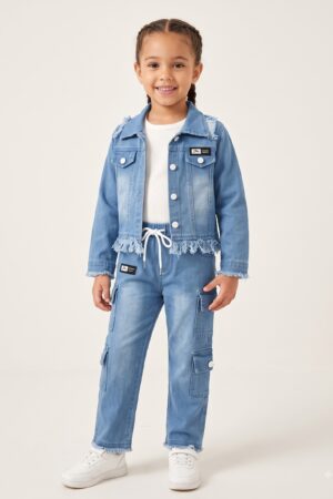 Girls Light Blue Denim Jacket & Cargo Pants Set with White Ribbed Top