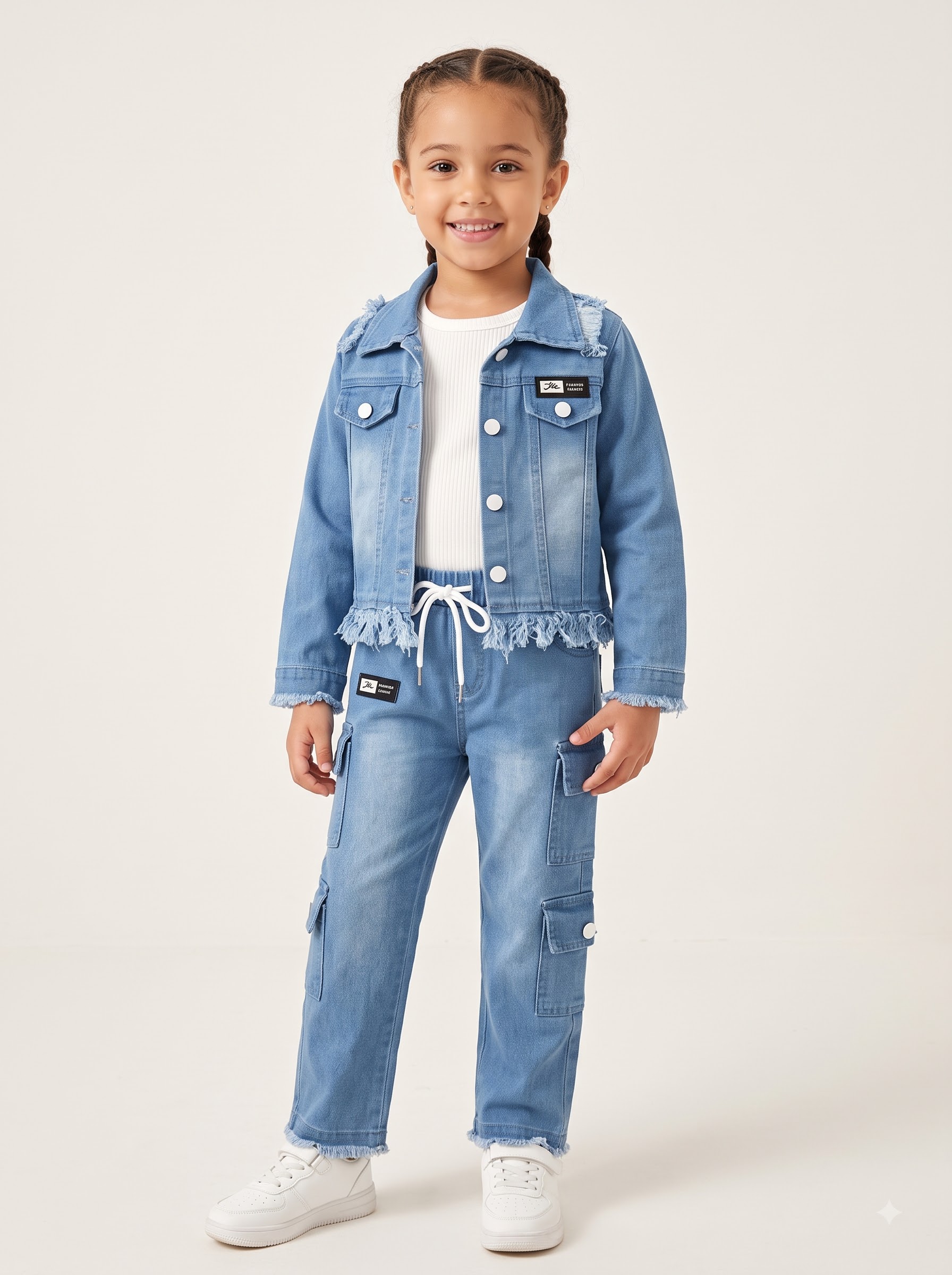 Girls Light Blue Denim Jacket & Cargo Pants Set with White Ribbed Top