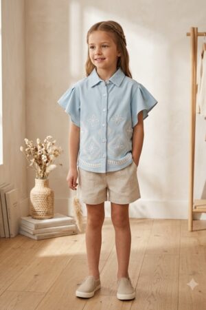 Girls Light Blue Embroidered Shirt with Flared Sleeves and Beige Shorts