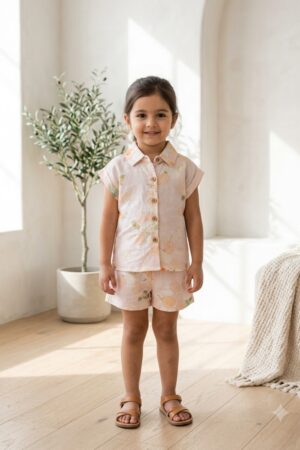 Girls Light Pink Floral Print Shirt & Shorts Set with Button-Down Top