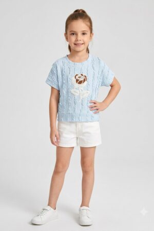 Girls Light Blue Textured Knit Top with Flower Motif and White Shorts