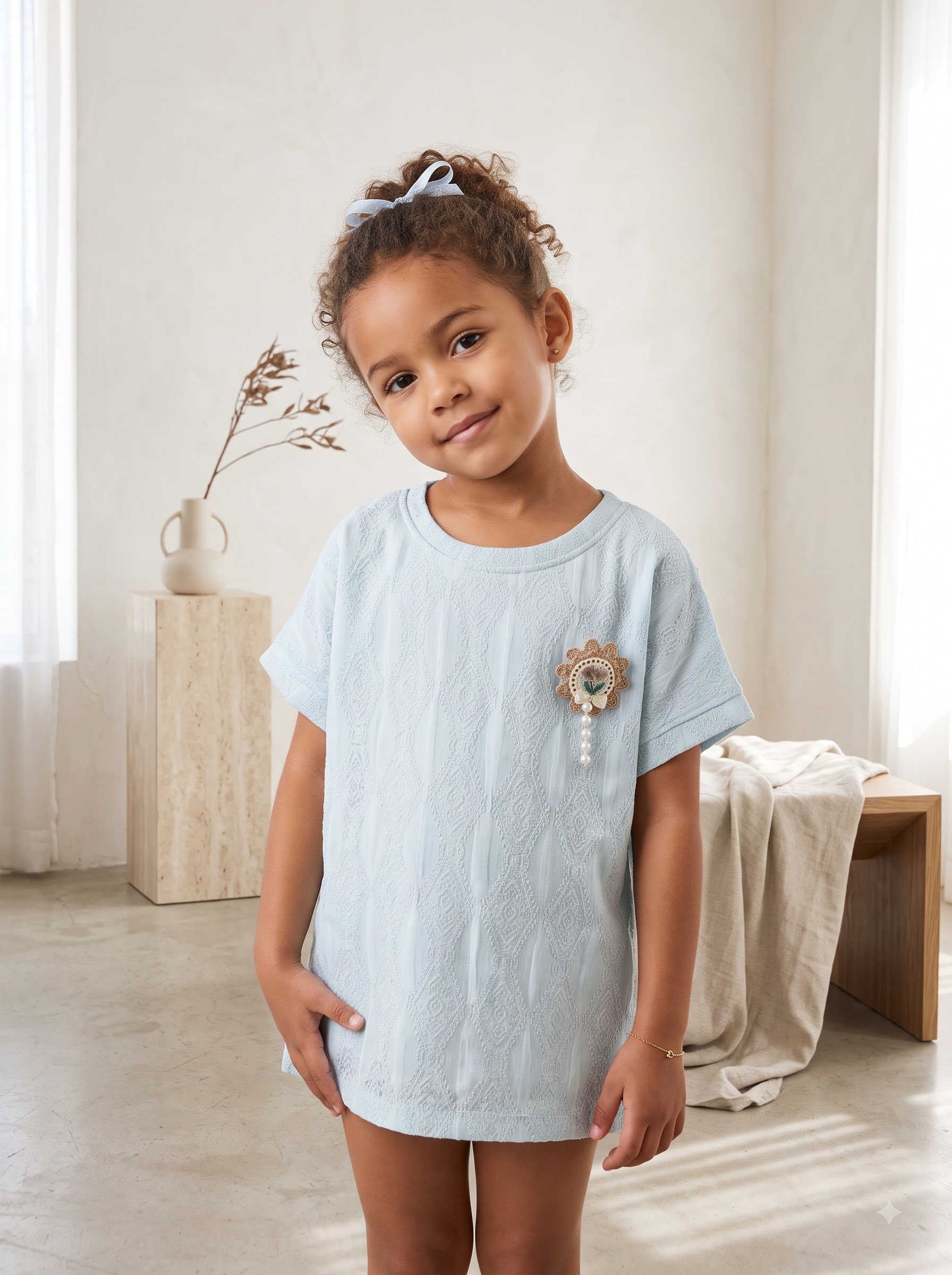 Girls Light Blue Textured Top with Floral Brooch and Pearl Detail