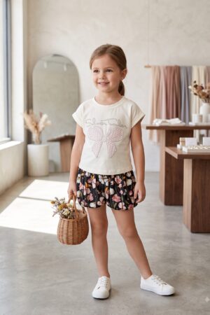 Girls' Cream Bow Detail Top with Black Floral Print Shorts Set
