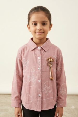 Girls Dusty Pink Embroidered Collared Shirt with Bear Brooch