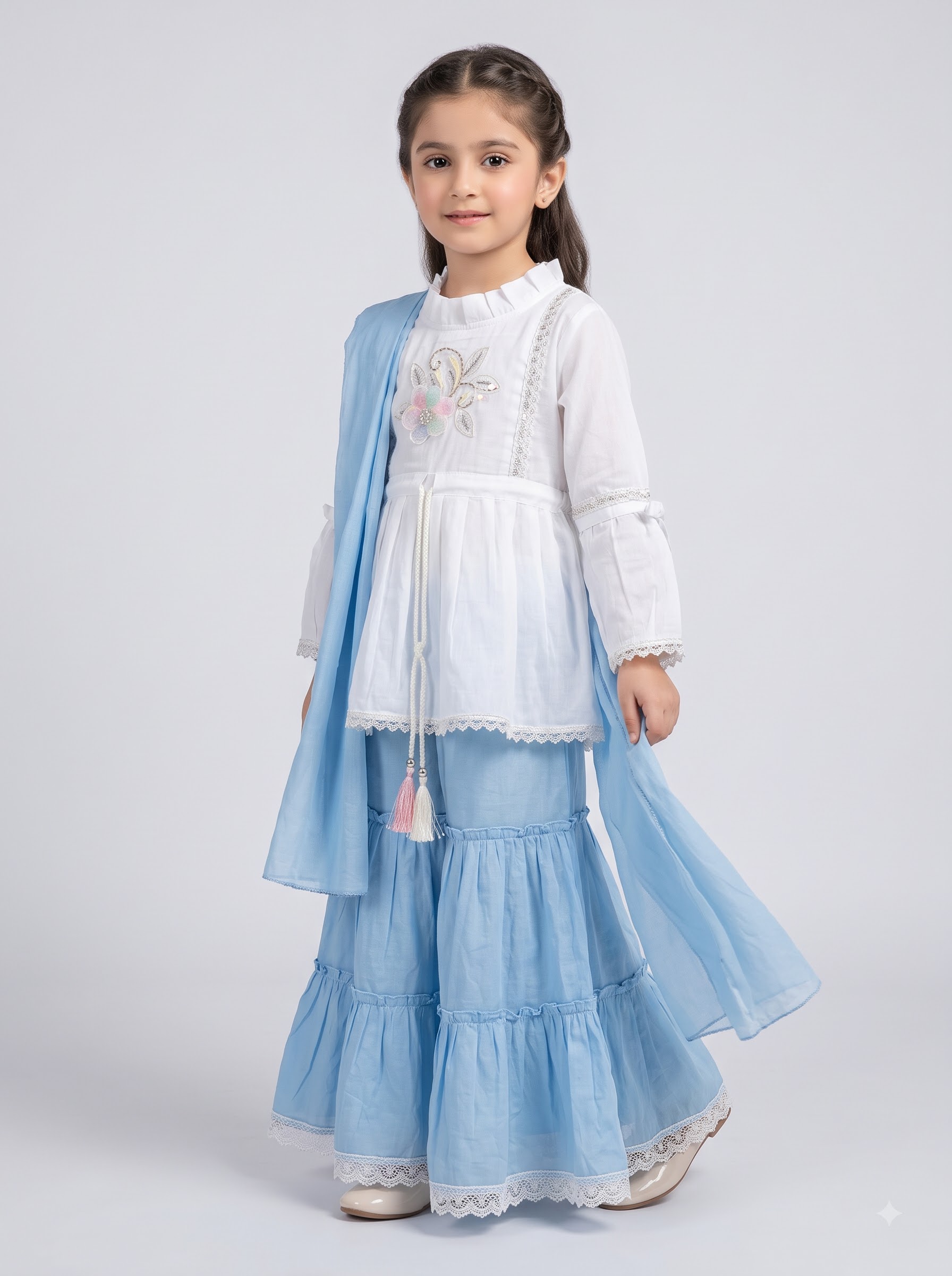 Girls Cream Floral Kurta Set with Yellow Palazzo Pants & Dupatta - Image 4