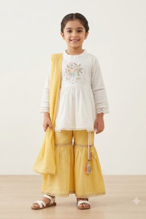 Girls Cream Floral Kurta Set with Yellow Palazzo Pants & Dupatta