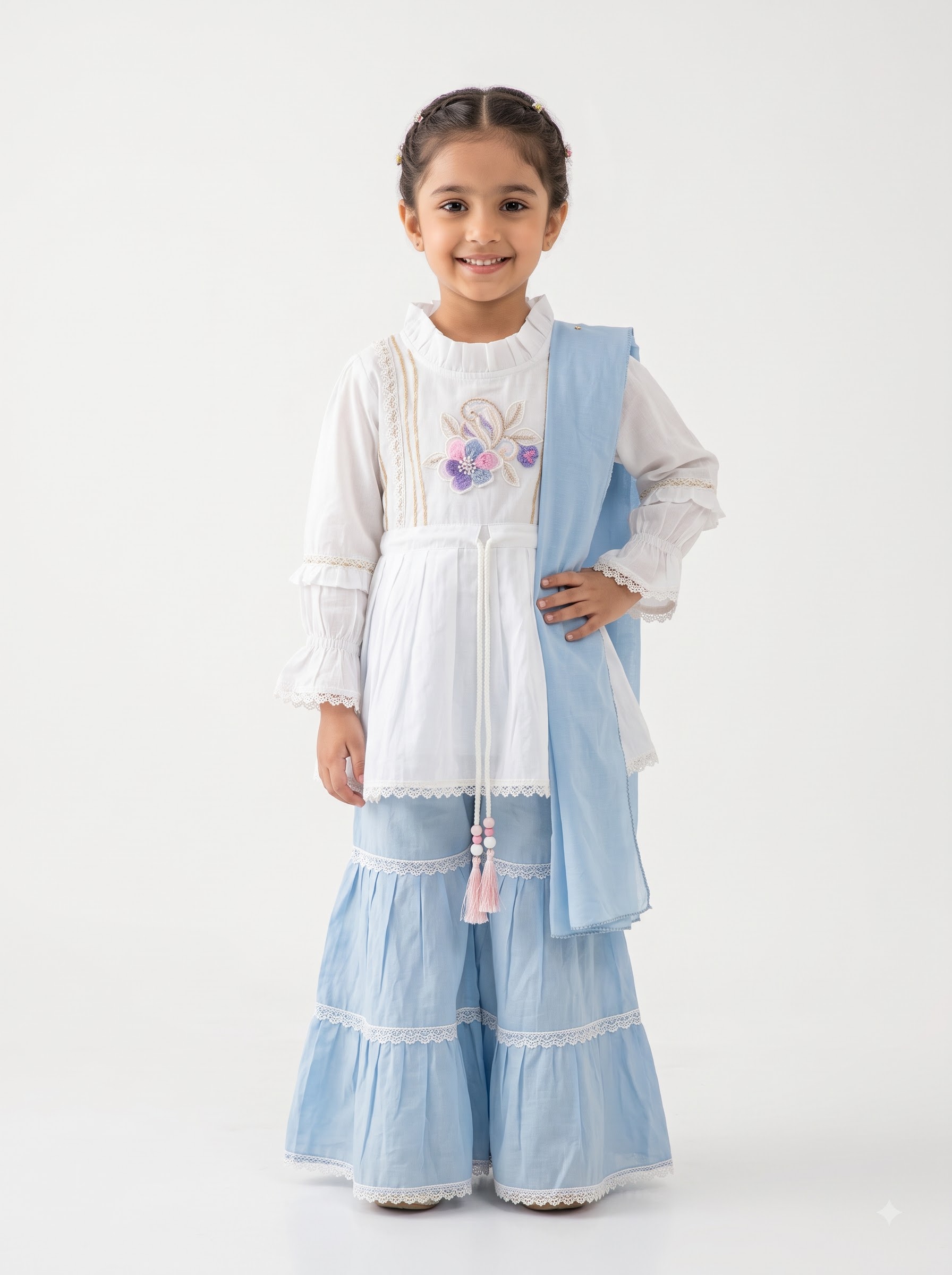 Girls Cream Floral Kurta Set with Yellow Palazzo Pants & Dupatta - Image 3