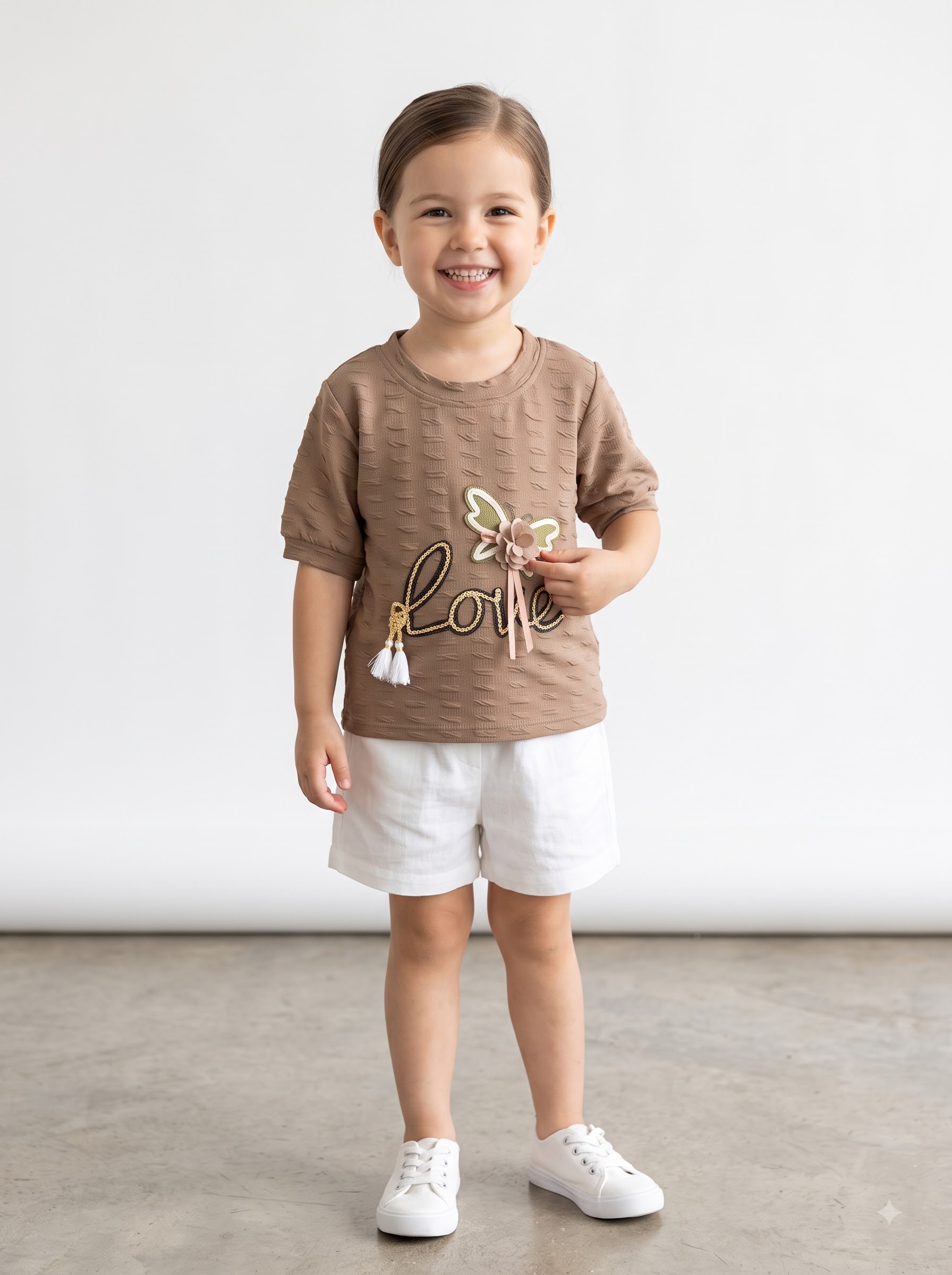 Girls White Short Sleeve Top with Floral Butterfly and “Love” Appliqué - Image 6