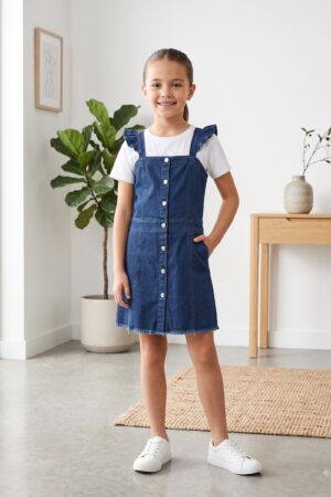 Girls Dark Blue Denim Pinafore Dress with Ruffle Straps and White T-Shirt