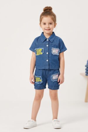 Girls Blue Denim Co-Ord Set with Short-Sleeve Shirt, Shorts & Graphic Patches