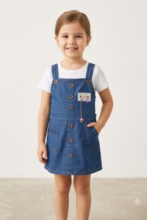 Girls Blue Denim Pinafore Dress with White Ribbed T-Shirt and Heart Charm