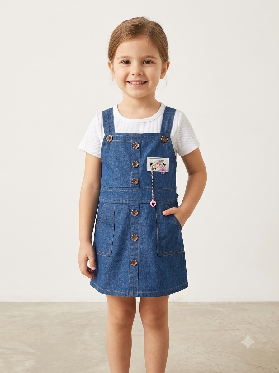 Girls Blue Denim Pinafore Dress with White Ribbed T-Shirt and Heart Charm