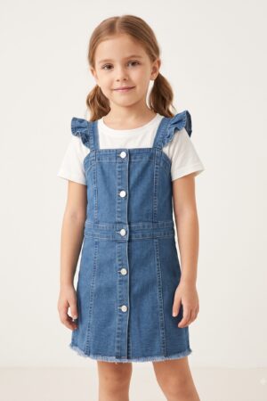 Girls Blue Denim Pinafore Dress with Ruffle Straps and White T-Shirt
