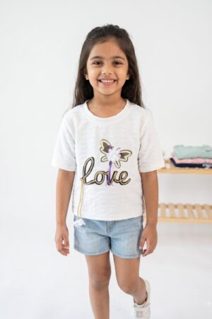 Girls White Short Sleeve Top with Floral Butterfly and “Love” Appliqué