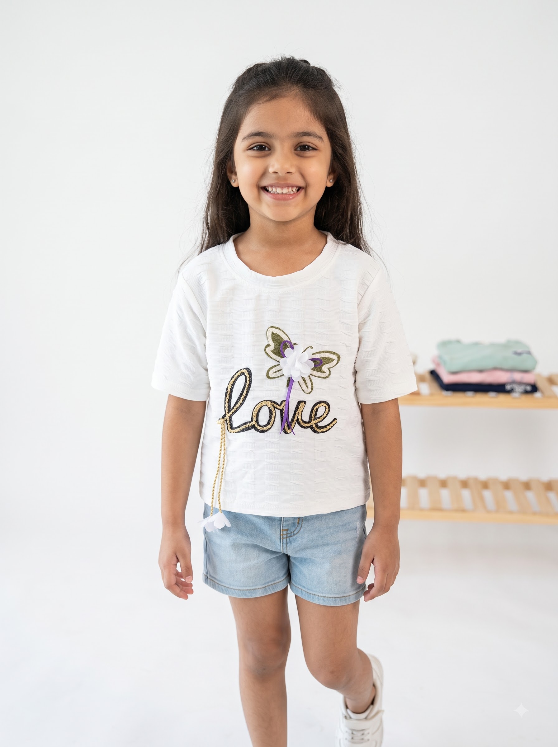 Girls White Short Sleeve Top with Floral Butterfly and “Love” Appliqué