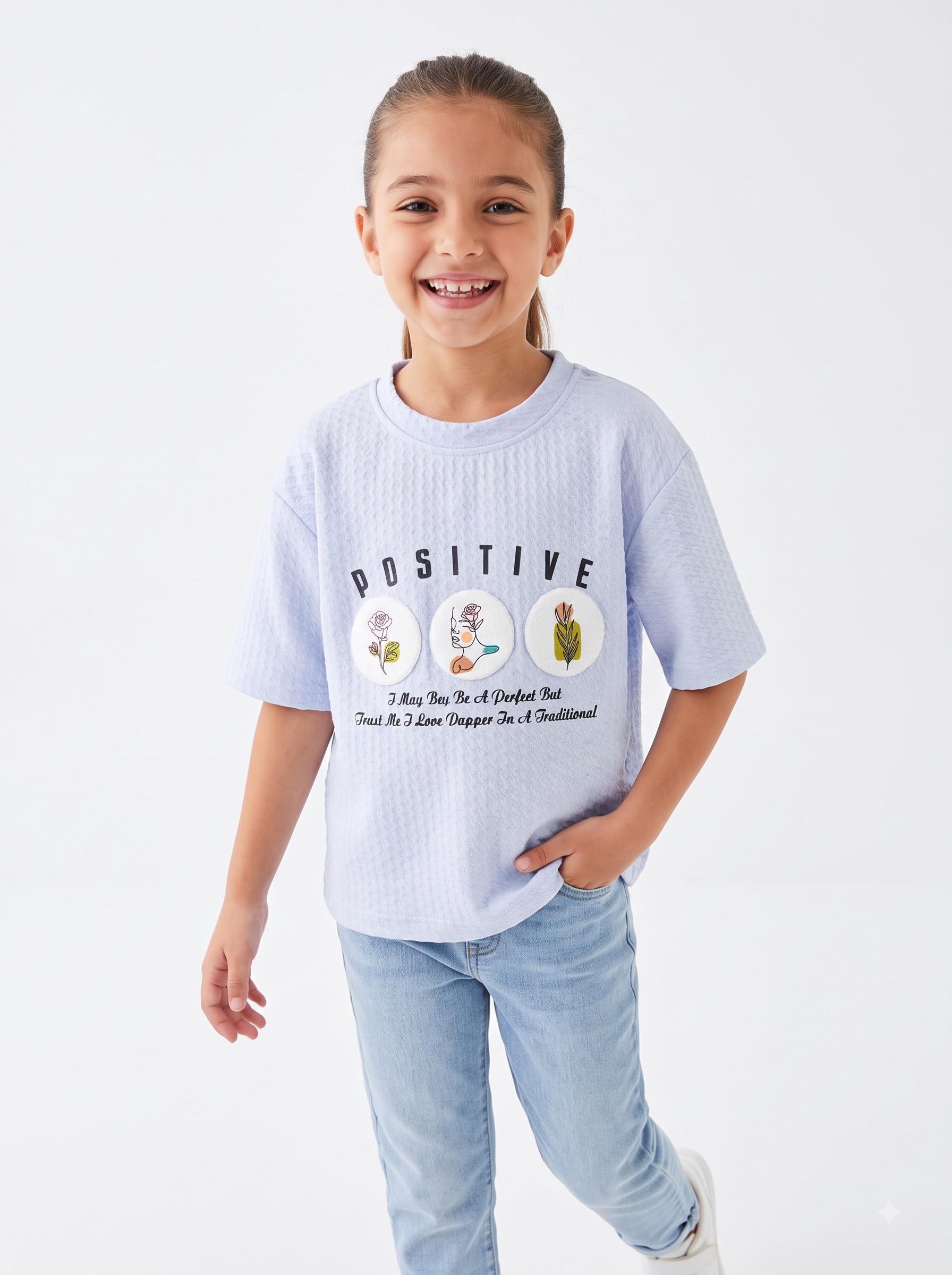 Girls Lavender Textured T-Shirt with Positive Floral Graphic Print - Image 2