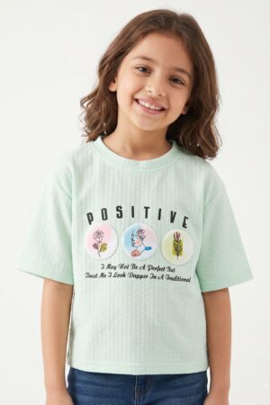 Girls Lavender Textured T-Shirt with Positive Floral Graphic Print