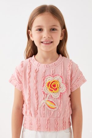 Girls Pink Textured Top with Crochet Flower and Rose Appliqué