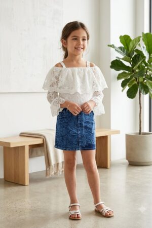Girls White Lace Off-Shoulder Top with Blue Textured Denim Mini Skirt Set
