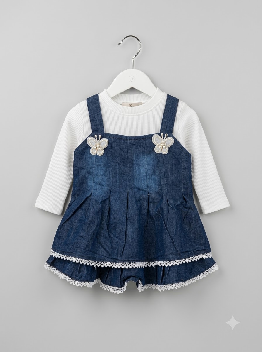 Girls Blue Denim Pinafore Dress with White Ribbed Top, Butterfly Embellishments & Lace Trim - Image 2