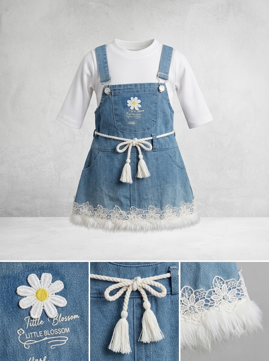 Girls Blue Denim-Style Pinafore Dress with Floral Embroidery & Lace Hem - Image 2