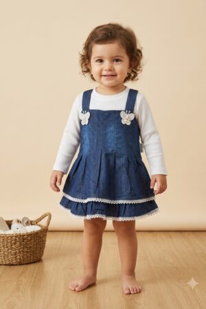 Girls Blue Denim Pinafore Dress with White Ribbed Top, Butterfly Embellishments & Lace Trim