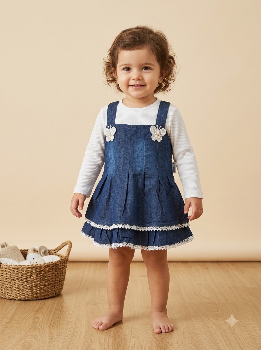 Girls Blue Denim Pinafore Dress with White Ribbed Top, Butterfly Embellishments & Lace Trim