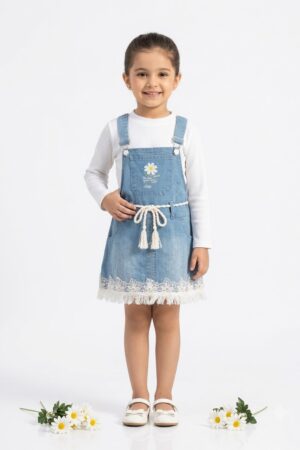 Girls Blue Denim-Style Pinafore Dress with Floral Embroidery & Lace Hem