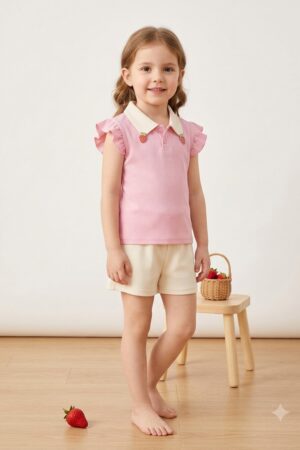 Girls Pink Collared Top with Strawberry Detail and Ruffle Sleeves