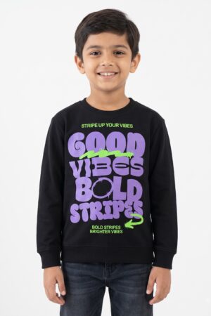 Boys Black Full Sleeve Sweatshirt with Purple & Green “Good Vibes” Graphic