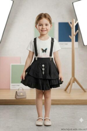 Girls Black Ruffle Suspender Skirt with White Butterfly Print T-Shirt