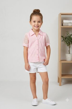 Girls Pink Floral Embroidered Half Sleeve Shirt