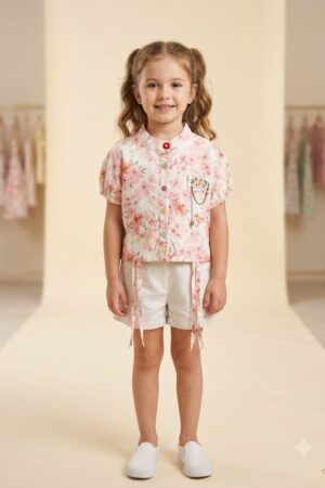 Girls Pink Floral Printed Shirt with Decorative Chest Patch and White Shorts