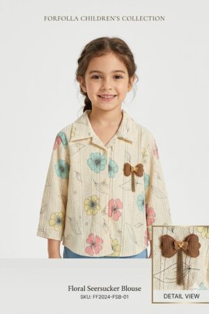 Girls Cream Floral Seersucker Blouse with Bow Embellishment