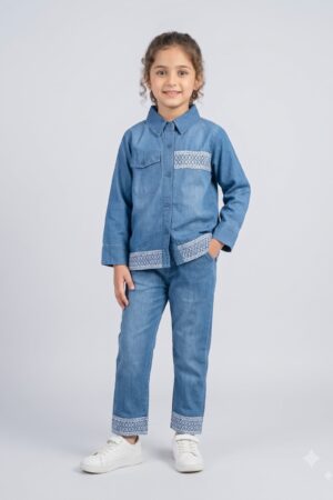 Girls Light Blue Denim Co-Ord Set with Long-Sleeve Shirt & Straight-Leg Pants