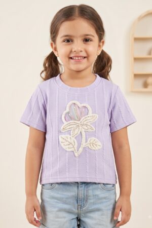 Girls Lavender Textured Knit Top with Embellished Flower Appliqué