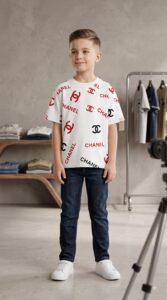 Boys White Half-Sleeve Printed T-Shirt with Red Logo-Style Pattern