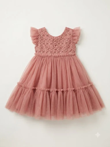 Girls Dusty Pink Embellished Party Dress with Flutter Sleeves & Layered Tulle Skirt - Image 2