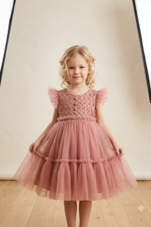 Girls Dusty Pink Embellished Party Dress with Flutter Sleeves & Layered Tulle Skirt