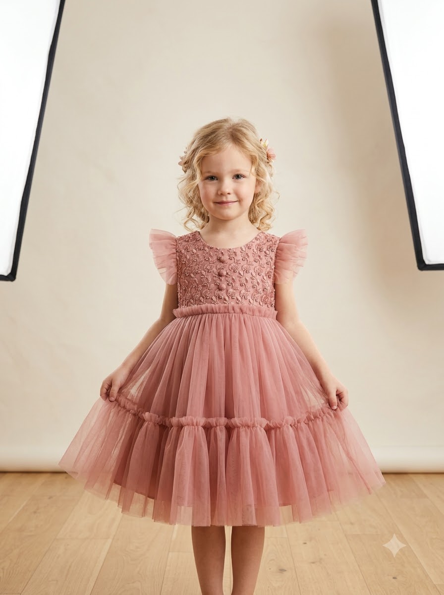 Girls Dusty Pink Embellished Party Dress with Flutter Sleeves & Layered Tulle Skirt