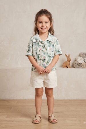 Girls Mint Green Floral Printed Shirt with White Shorts