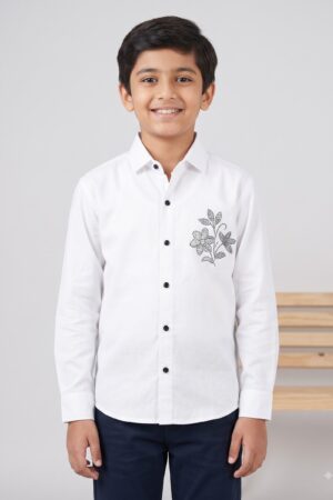 Boys White Full-Sleeve Shirt with Floral Embellishment