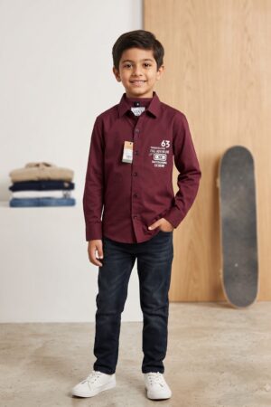 Boys Maroon Full-Sleeve Shirt with Printed Chest Detail